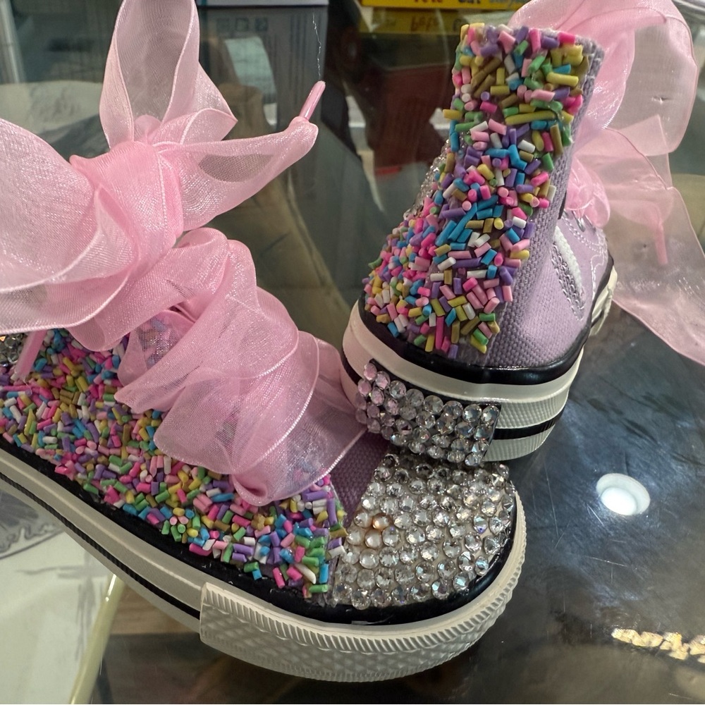 Toddler high top sneaker with Swarovski and faux sprinkles with a sheer ribbon